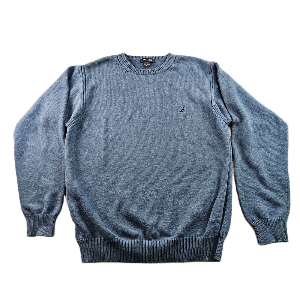 Nautica Sweater Mens L Blue Ribbed Knit Classic Long Sleeve Crew Neck Pullover